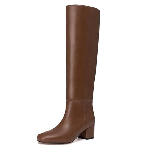 Athlefit Knee High Boots Women Chunky Block Heel Tall Boots Square Toe Fashion Slip On Tan Booties Size 5.5 - Image 1