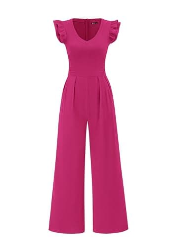 PRETTYGARDEN One Piece Jumpsuits For Women Dressy Ruffle Cap Sleeve V Neck Ribbed Knit Wide Leg Romper 2026 Summer Outfits (Rose Red,XX-Large) - Image 1