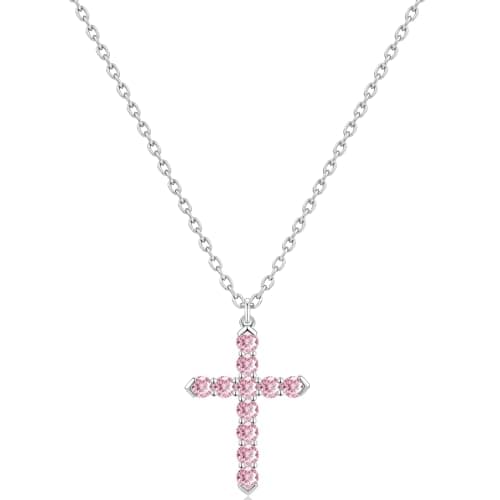 Cross Necklace for Women, Silver Cross Necklace for Women, 14K White Gold Plated Dainty Cross Pendant Necklace with Cubic Zirconia, Hypoallergenic Christian Religious Jewelry Gifts (Pink-White Gold Plated) - Image 1