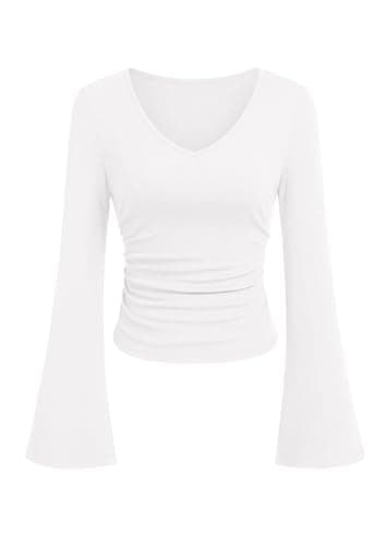 PRETTYGARDEN Women 2026 Fall Long Bell Sleeve Shirts Ribbed V Neck Fitted Ruched Trendy Y2K Going Out Tee Tops Summer Clothes (White,X-Large)