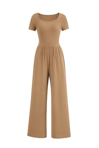 PRETTYGARDEN Women's Summer One Piece Jumpsuits Dressy Casual Short Sleeve Square Neck Wide Leg Rompers Travel Outfit Clothes (Camel,Small) - Image 1