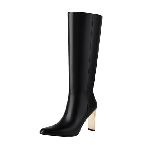 Mofirdast Black Knee High Boots With Pointed Toe Block Heel and Side Zip Heeled Boots,Classic and Sexy - Image 1