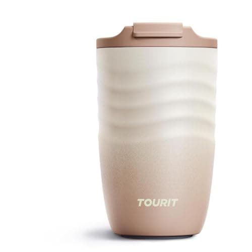 TOURIT 12 oz Travel Coffee Mug, Vacuum Insulated Stainless Steel Tumbler with Ripple-Wave Anti-Slip Grip, Built-in Silicone Bottom for Quiet & Stable, Leak-Proof Lid, Fits Car Cup Holder, Light khaki - Image 1