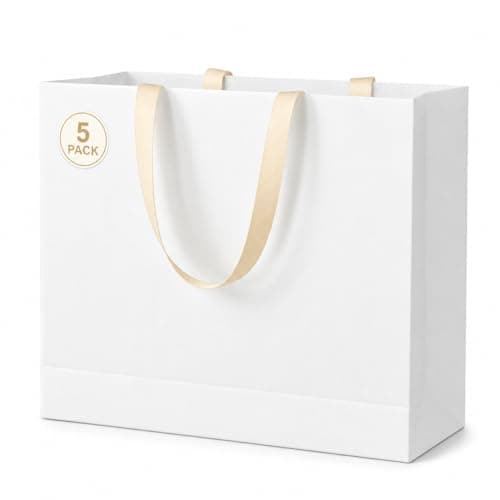 LWBDD White Gift Bags with Handles, 5 Pack 8.6x4x7.5 Inch Medium Paper Gift Bags, Solid Color Bags with Ribbon Handles for Wedding Bridal Baby Shower Birthday Party Favor Shopping - Image 1