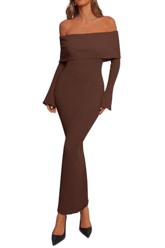dowerme Women's Off The Shoulder Sweater Dress 2026 Formal Long Sleeve Bodycon Maxi Wedding Guest Dresses Spring Outfits(Brown,Medium) - Image 1