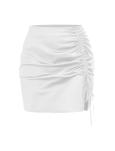 ZAFUL Women Satin Mini Skirts Sexy High Waisted Ruched Silk Bodycon Split Zipper Short Skirt (White,M) - Image 1