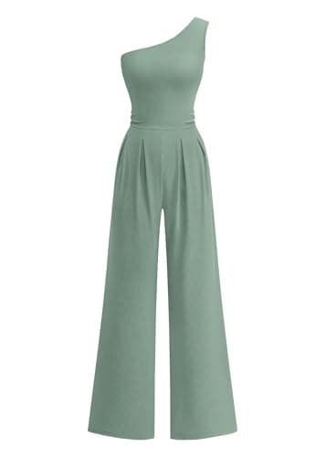 KIRUNDO One Piece Jumpsuits For Women Dressy 2026 One Shoulder Formal Ribbed Wide Leg Rompers With Pockets Summer Outfits(Fruit Green, Small) - Image 1