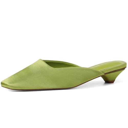 heelchic Satin Mules for Women Closed Square Toe Kitten Heels, Elegant Slip On Backless Low Heel Dress Shoes for Vacation, Casual, Party, Work Green - Image 1