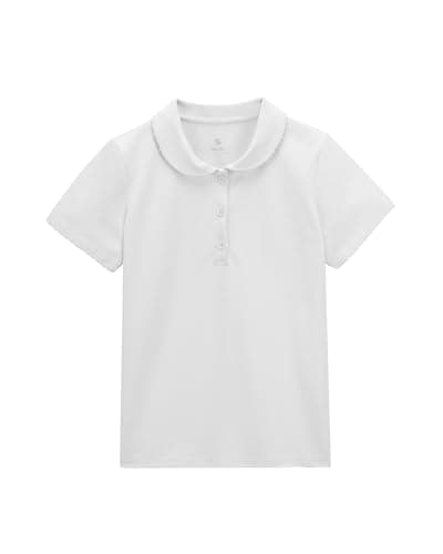 Stelle Girls Peter Pan Collar Shirts Short Sleeve School Uniform Tops Polo Shirt Ruffle Cotton Pique Summer Tees for Kids (White,12-13 Years) - Image 1