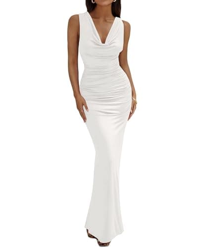 BTFBM Cocktail Dresses for Women Spring 2026 Cowl Neck Sleeveless Ruched Slim Fit Maxi Summer Formal Wedding Guest Dress(White, X-Large) - Image 1