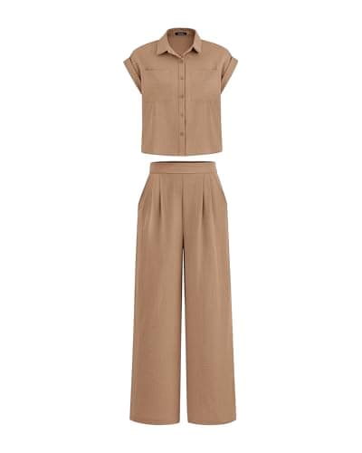 PRETTYGARDEN Womens 2 Piece sets Summer Cap Sleeve Tops Palazzo Pants Dressy Casual Vacation Travel Outfits Tracksuits(Dark Khaki,XX-Large) - Image 1