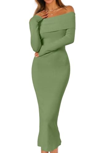 MEROKEETY Women's Winter Off Shoulder Bodycon Sweater Dress 2026 Spring Formal Long Sleeve Elegant Club Party Midi Dresses, Green, X-Large - Image 1
