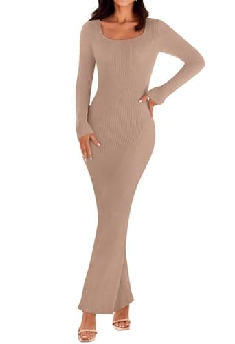 MEROKEETY Women's 2025 Fall Long Sleeve Bodycon Sweater Dress Square Neck Ribbed Knit Party Maxi Dresses, Khaki, Small - Image 1