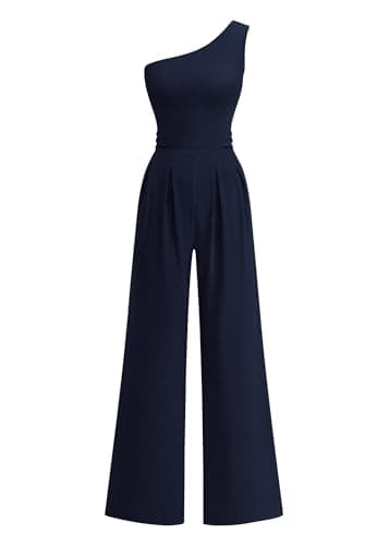 KIRUNDO One Piece Jumpsuits For Women Dressy 2026 One Shoulder Formal Ribbed Wide Leg Rompers With Pockets Summer Outfits(Navy, Large) - Image 1
