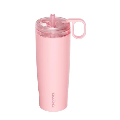 KISSKIND 20 Oz Iced Coffee Tumbler with Hidden Straw, Insulated Stainless Steel Coffee Tumbler, Leakproof Ceramic Lined Travel Cup for Subway Commuting, Slim Tumbler for To-Go, Peach Sorbet - Image 1