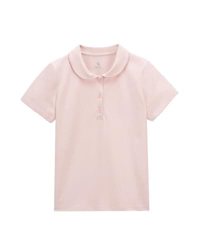 Stelle Girls Peter Pan Collar Shirts Short Sleeve School Uniform Tops Polo Shirt Ruffle Cotton Pique Summer Tees for Kids (Light Pink,14-15 Years) - Image 1