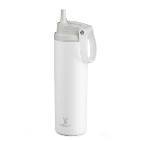 Meoky 24 oz Insulated Water Bottle: Flip-to-Pop Straw, Leak Proof, 24H Cold, Fits in Car Cup Holder, Wide Mouth, BPA-Free, Metal Water Bottle for Travel Sports Gym Backpack, Pearl