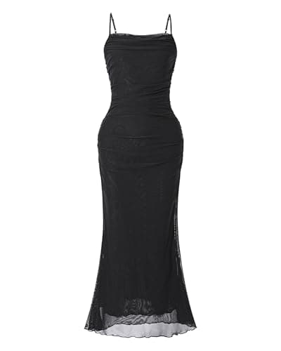 OutfitShow Womens 2026 Summer Floral Spaghetti Strap Bodycon Dresses Ruched Mesh Sexy Cocktail Party Long Dresses, Black XL - Image 1
