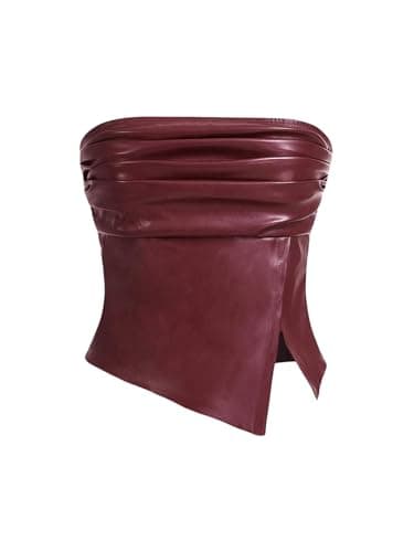 MakeMeChic Women's Leather Tops Strapless Concert Bandeau Crop Tube Tops Ruched Split Club Shirt Burgundy Small - Image 1
