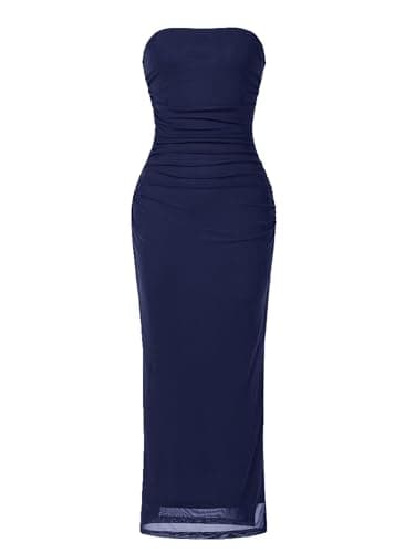 OutfitShow Womens Summer Bodycon Maxi Dresses 2026 Floral Strapless Tube Slit Ruched Mesh Cocktail Party Long Dress, Navy Blue M - Image 1