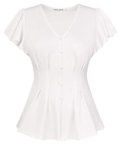 GRACE KARIN Summer Blouses for Women Dressy Casual, 2026 Ruffle Sleeve Peplum Tops, V Neck Business Work Shirts White L - Image 1