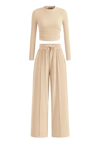 PRETTYGARDEN Women's 2 Piece Sets 2026 Fall Long Sleeve Crop Tops Wide Leg Pants Matching Outfit Tracksuits Spring Clothes (Beige,Large) - Image 1