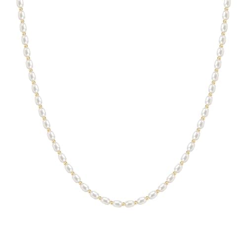 EAMTI Freshwater Cultured Pearl Necklace for Women, 3-4mm Pearl Strand Choker with 14K Gold Plated Station Beads, Dainty Beaded Necklace for Layering 16 Inch - Image 1