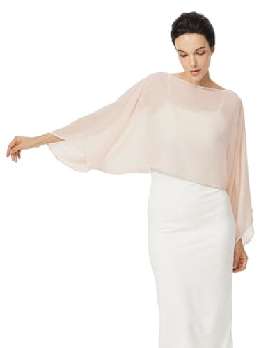 BEAUZSUZSANA Women Chiffon Bolero Cape Capelets with Arm Holes Shawls and Wraps for Evening Dress Bridal Wedding Party (Peach,L-XL)