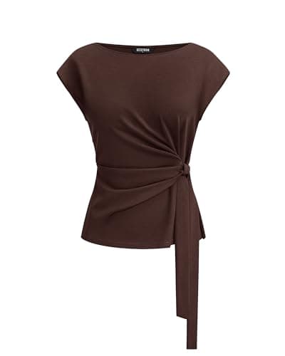 BTFBM Womens Tops Summer 2026 Cap Sleeve Crew Neck Tie Waist Blouses Dressy Casual Business Work Clothes Early Fall Fashion(Brown, XX-Large) - Image 1