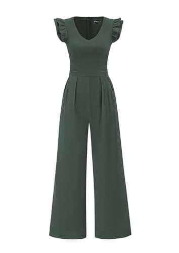PRETTYGARDEN One Piece Jumpsuits For Women Dressy Ruffle Cap Sleeve V Neck Ribbed Knit Wide Leg Romper 2026 Summer Outfits (Dark Green,Small) - Image 1