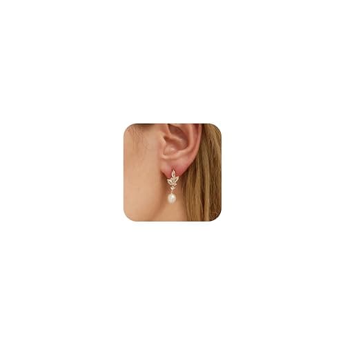 Pearl Earrings for Women Trendy,14K Gold Plated Prom Earrings Dainty Pearl Drop Dangle Earrings for Women Fashion Wedding Prom Gold Jewelry Bride Gifts - Image 1