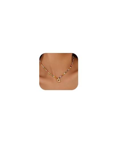 A ALARTAN Initial Necklace for Women Cute Colorful Beaded Charm Necklaces Bohemian Colorful Letter Necklaces Personalized Bubble Necklace Trendy Choker for Women Jewelry Gift(Letter Q - Image 1
