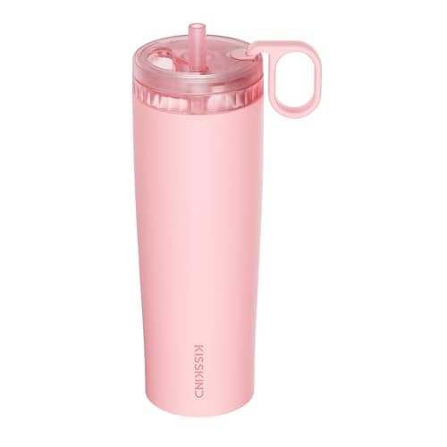 KISSKIND 24 Oz Iced Coffee Tumbler with Hidden Straw, Insulated Stainless Steel Coffee Tumbler, Leakproof Ceramic Lined Travel Cup for Subway Commuting, Slim Cold Brew Tumbler for To-Go, Peach Sorbet - Image 1