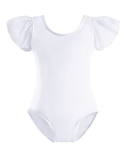 Stelle Girls Leotards Black Ballet Dance Leotards Ruffle Short Sleeve Gymnastics Outfits(Toddler/Little Kid/Big Kid) (White, 120) - Image 1