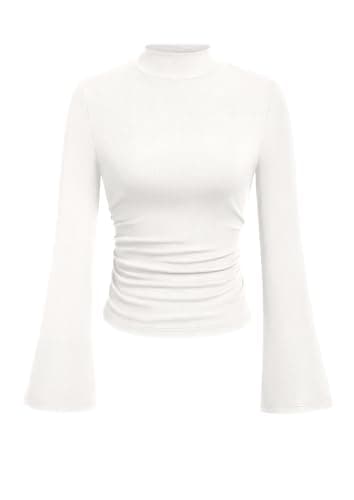 PRETTYGARDEN Womens Long Sleeve Shirts 2026 Fall Bell Sleeve Mock Turtleneck Ribbed Going Out Tops Casual Ruched Y2K Clothes (White,Large) - Image 1