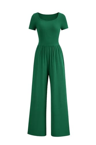 PRETTYGARDEN Women's Summer One Piece Jumpsuits Dressy Casual Short Sleeve Square Neck Wide Leg Jumpsuit Rompers (Green,Large) - Image 1