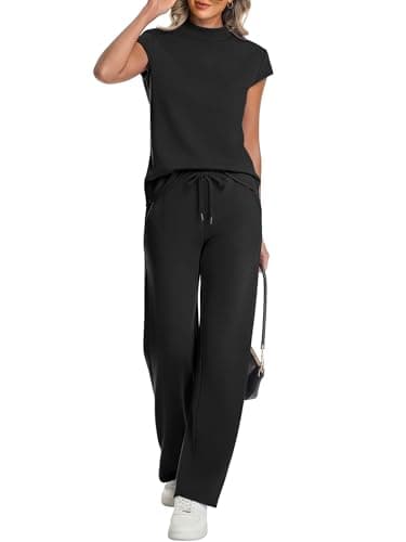 Casly Lamiit 2 Piece Pant Sets for Women Summer Travel Airport Outfits Mock Neck Tops Lounge Set Beach Vacation Outfits Black 2XL - Image 1