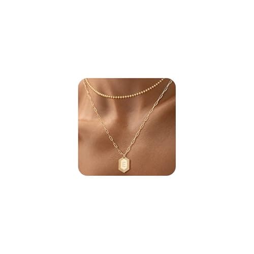 LOYATA Layered Gold Necklaces for Women,Initial Pendant Necklace for Women Tiny Beaded Necklace Chain Hexagon Dainty Letter Necklace Gold Trendy Jewelry for Women