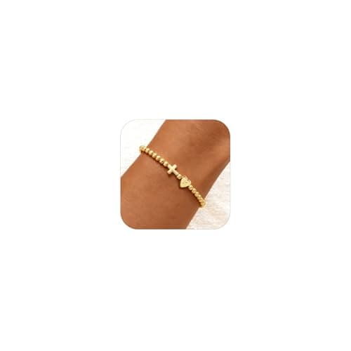 TLY Gold Beaded Bracelets for Women Cross Initial Beaded Stretch Elastic Heart Bracelet 14K Gold Plated Dainty Trendy Friendship Bracelets Stack Stocking Stuffers for Women Teens A-Z Letter Charm Bracelet Mothers Day Jewelry gifts - Image 1