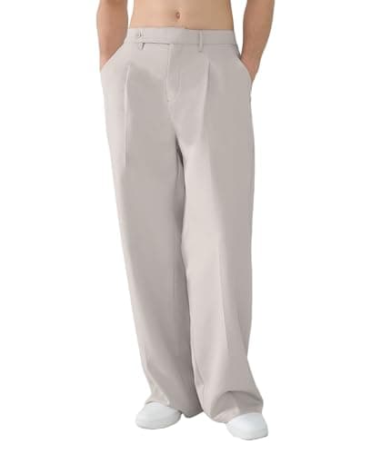 Susclude Mens Baggy Casual Pants Elastic Waist Wide Leg Dress Pants for Men Old Money Relaxed Fit Trousers with Pockets Light Grey - Image 1