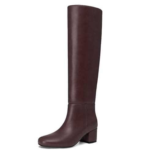 Athlefit Brown Knee High Boots for Women Chunky Low Heel Tall Boots Round Toe Fashion Pull On Booties Size 7.5