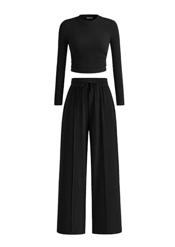 PRETTYGARDEN Women's 2 Piece Sets 2025 Fall Long Sleeve Crop Tops Wide Leg Pants Matching Outfit Tracksuits Fashion Clothing (Black,X-Large) - Image 1