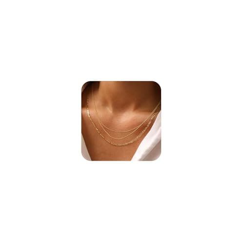 Freekiss Layered Gold Necklace for Women - 14K Gold Filled Herringbone, Stackable Cuban Figaro Beaded Link Chain, Dainty Gold Choker - Image 1