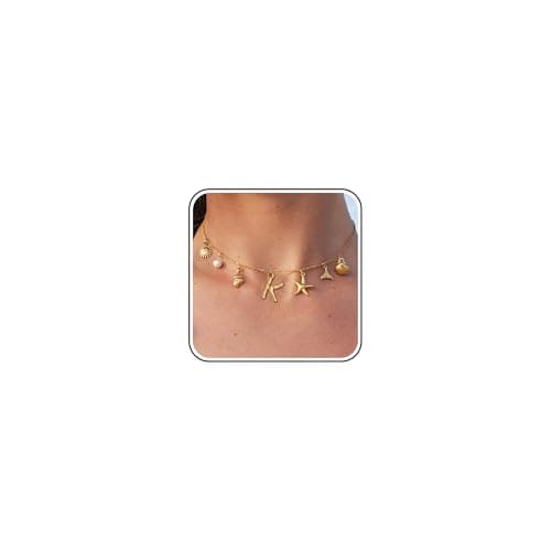 SLOONG Beach Accessories - 14K Gold Plated Letter Neckalce Freshwater Pearl Necklace Choker Boho Summer Seashell Beach Starfish Surfer Jewelry Gifts for Women - Image 1