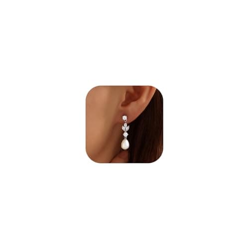 Pearl Earrings for Women, Trendy Silver Dangle Pearl Diamond Earrings Bridal Shower Gifts Wedding jewelry for Women - Image 1