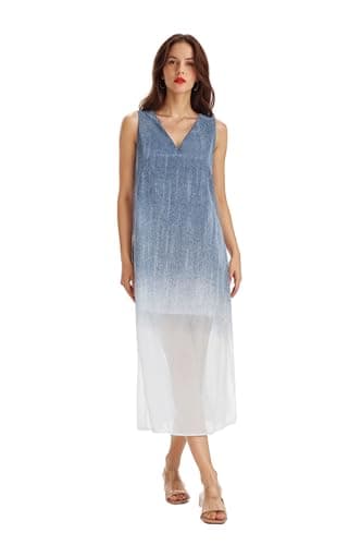 J.Corrine Women V-Neck Sleeveless Denim Flocked Chiffon Dress Gradient Blue Black White Tank Casual Midi Spring Summer Dress - Image 1