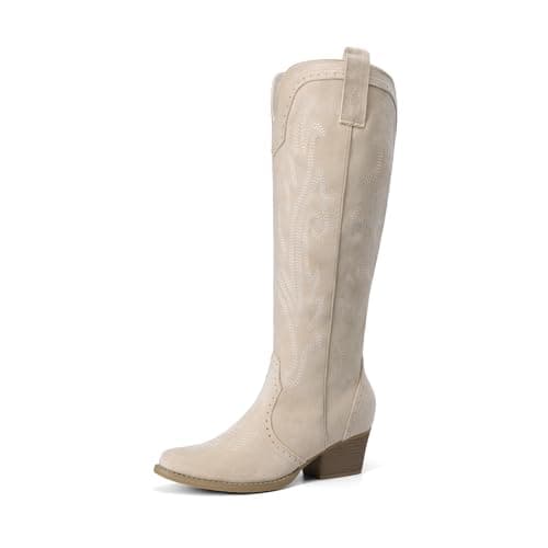 DREAM PAIRS Womens Cowboy Knee High Boots Comfortable Pull On Side Zipper Chunky Heel Embroidered Western Cowgirl Boots Retro Tall Boot,Size 7,Beige,DWUMKB2501 - Image 1