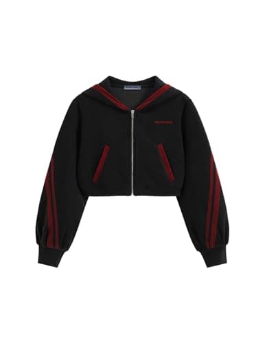 Aelfric Eden Cropped Contrast Stripe Zip Up Hoodie Y2K Long Sleeve Crop Sweatshirts Casual Hooded Jacket Black X-Small