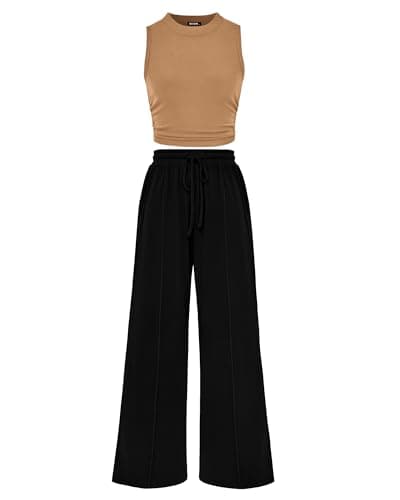BTFBM Summer Outfits For Women 2026 Cropped Sleeveless Tank Tops Wide Leg Pants 2 Piece Sets Beach Lounge Set Clothing(Camel Black, Small) - Image 1