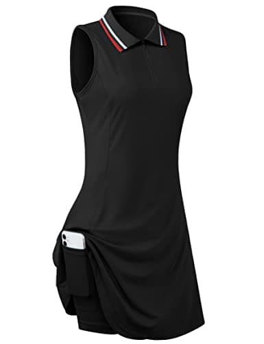 FREEYE Tennis Dress with Built in Shorts &Pocket, Sleeveless Golf Polo Shirts Dress Women Athletic Workout Trendy Running Zip Ladies Exercise Tank Tops Quick Dry Outdoor Sporty Active-wear Black - Image 1